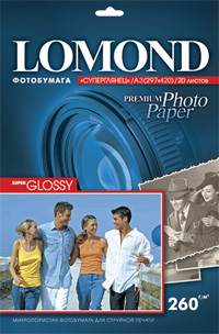 Фотобумага LOMOND формат А3, 260 г/м2, 20 листов в пачке, для струйной печати, односторонняя суперглянцевая (1103130)
