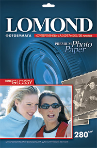 Фотобумага LOMOND формат А3, 280 г/м2, 20 листов в пачке, для струйной печати, односторонняя суперглянцевая (1104102)